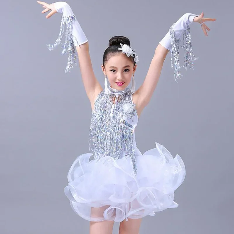 Vestido de dança latina com borla infantil, fantasia de performance de palco para meninas, tango, competição de rumba, roupa de dança de salão