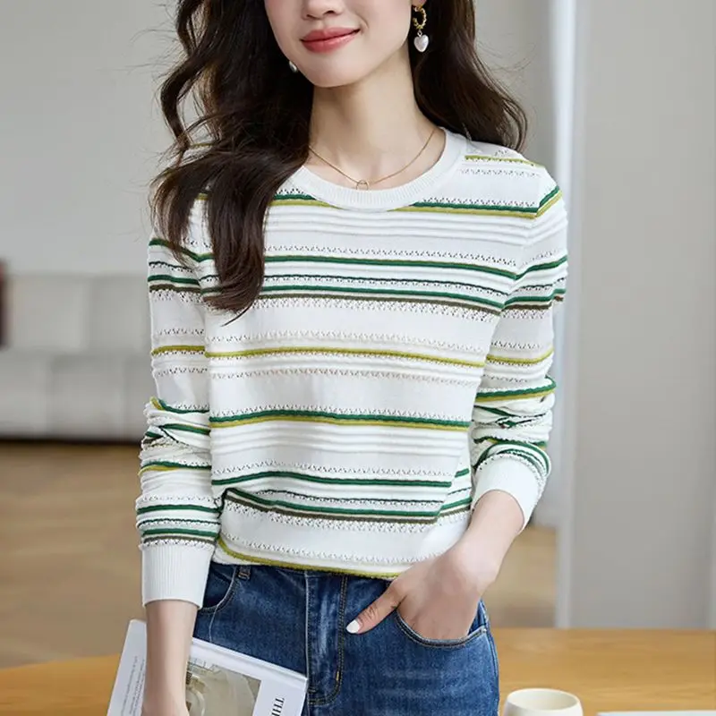 

Fashion Women Clothing Striped Sweater Spring Autumn New Contrast Top Loose Long Sleeve Bottoming Basic Casual Knitted Pullovers