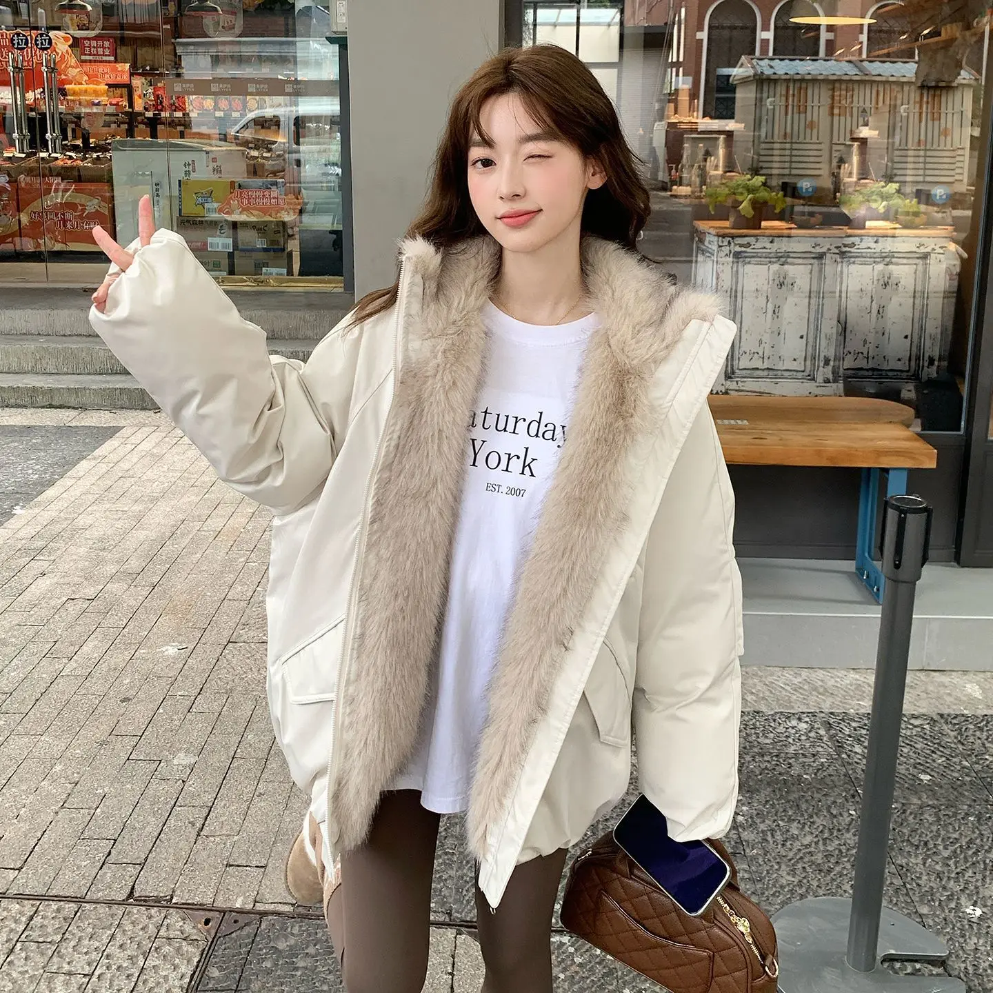 American Retro Style Long Sleeve Short Hooded Parkas Women Pure Color Vintage Coat Zipper Faux Fur Collar Jacket 2025 Winter