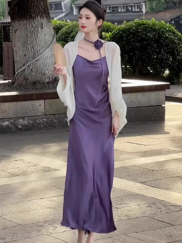 

Летний универсальный роскошный комплект в фиолетовых тонах: элегантность, новый китайский национальный тренд, стильный комплект для женщин.