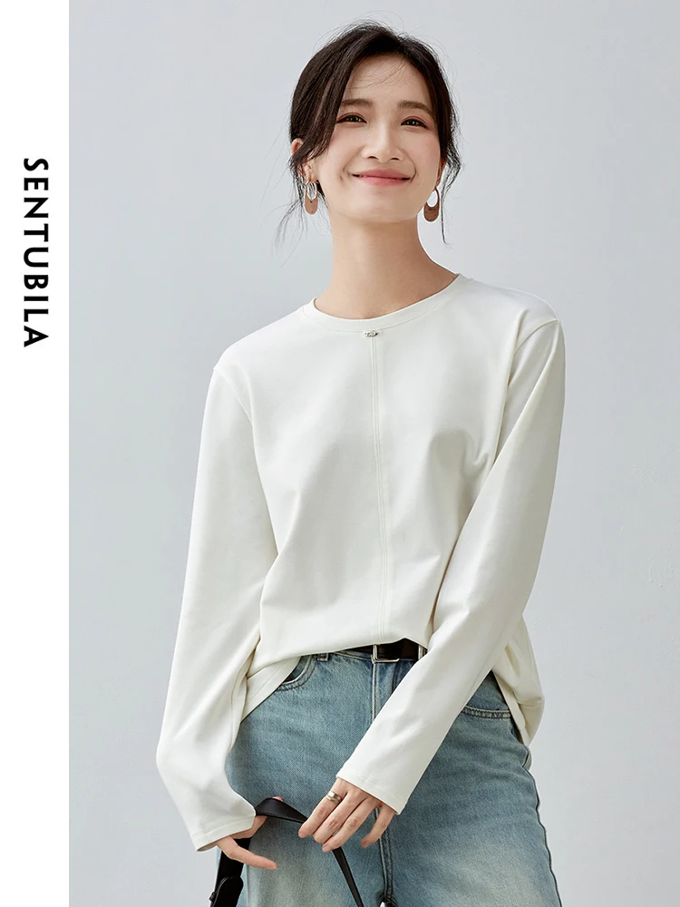 SENTUBILA Solid Slim Cotton T-shirt for Women 2024 Autumn 5A  Antibacterial Round Neck Long Sleeve Basic Simple Tees 143T56820