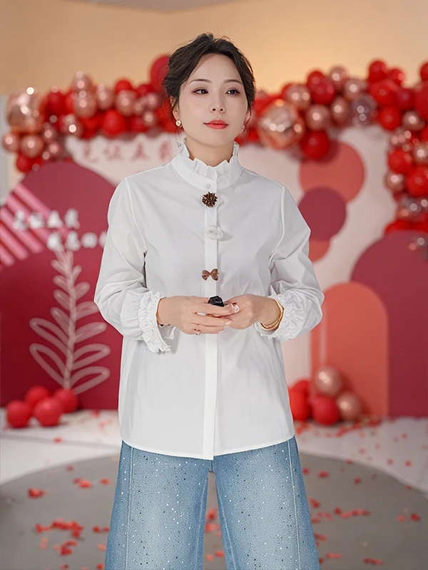 

Стильная женская блузка с длинным рукавом и деревянными пуговицами, дышащая, из смесового полиэстера и хлопка, модный топ Весна 2026