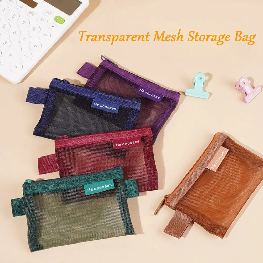 1/5Pcs Minimalist Nylon Mesh Small Item Storage Bag Portable Travel Pouch Solid Color Hand Washable Lightweight Cosmetic Bags