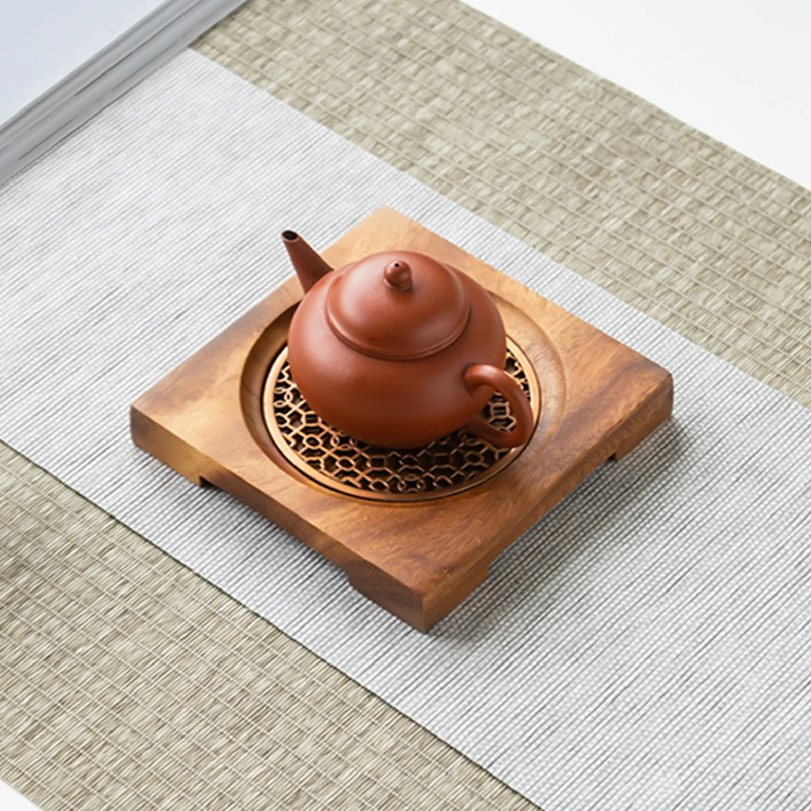 

Wooden Tea Serving Tray Copper Coaster Premium Teapot Holder Heat Resistant Retro Coaster Teacup Plate Decorative Placemat Home