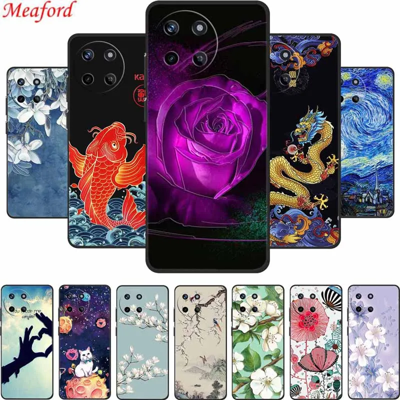 3D Emboss Case For Realme 11 4G Phone Case Relief Flowers Black Silicone Soft Back Cover For Realme 11 Case 6.4\