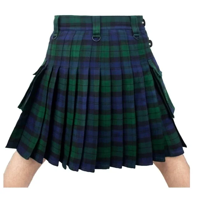 Kilt tascabile da uomo di moda di alta qualità Kilt gotico tinta unita Kilt cargo guerriero vintage Gonna a pieghe con cintura in metallo