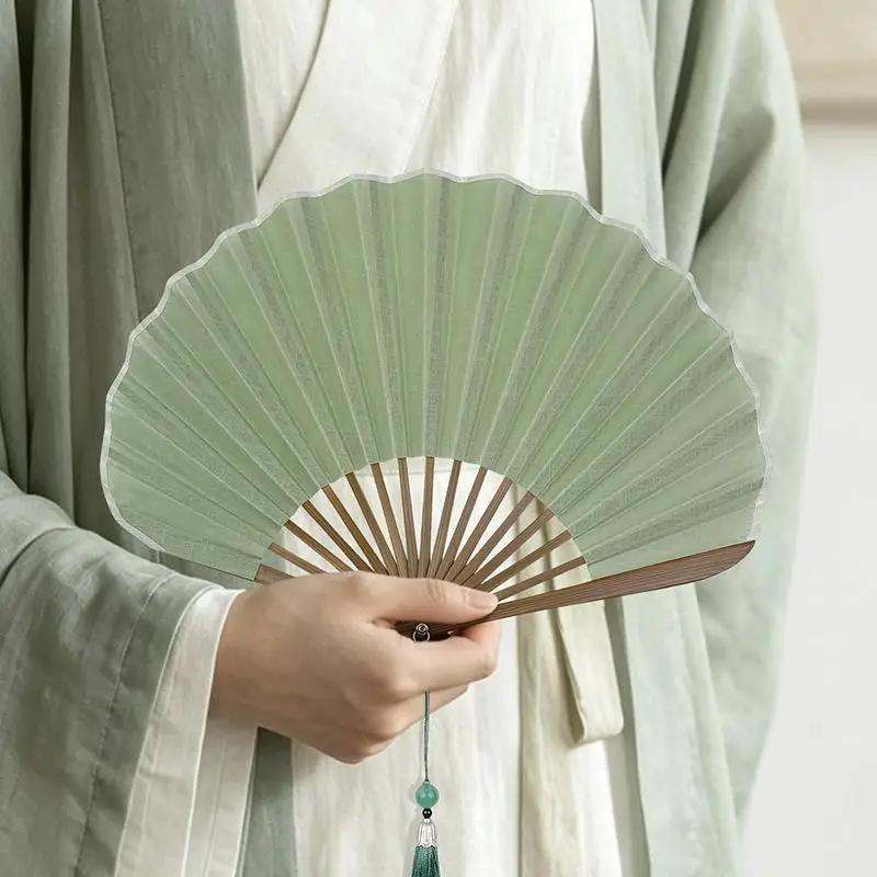 Premium Gift Cotton Linen Folding Hand Fan Bamboo Frame with Tassel Mini Shell Fan for Friend Family Holiday Gifting