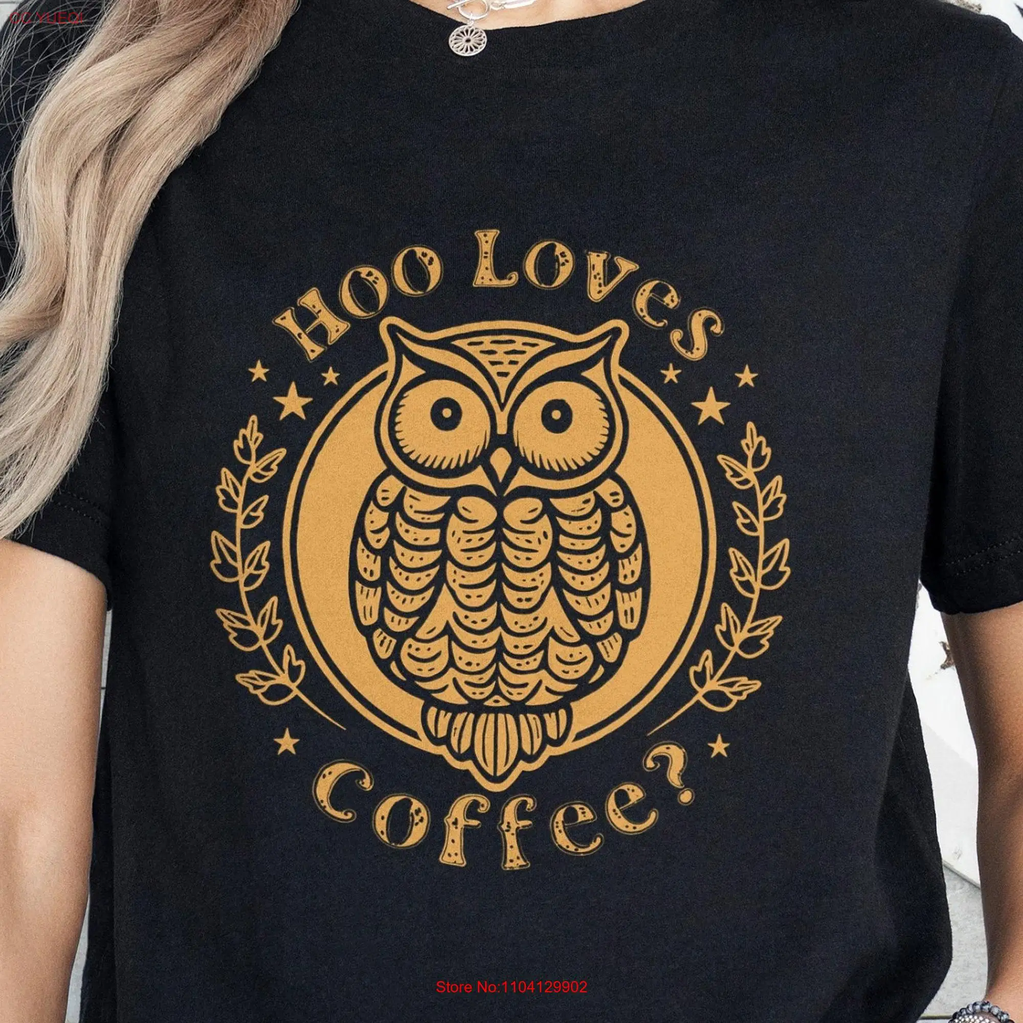 Hoo Loves Coffee Owl T Shirt Cute Lover Fun Quote Adorable Design Perfect for Enthusiasts long or short sleeves