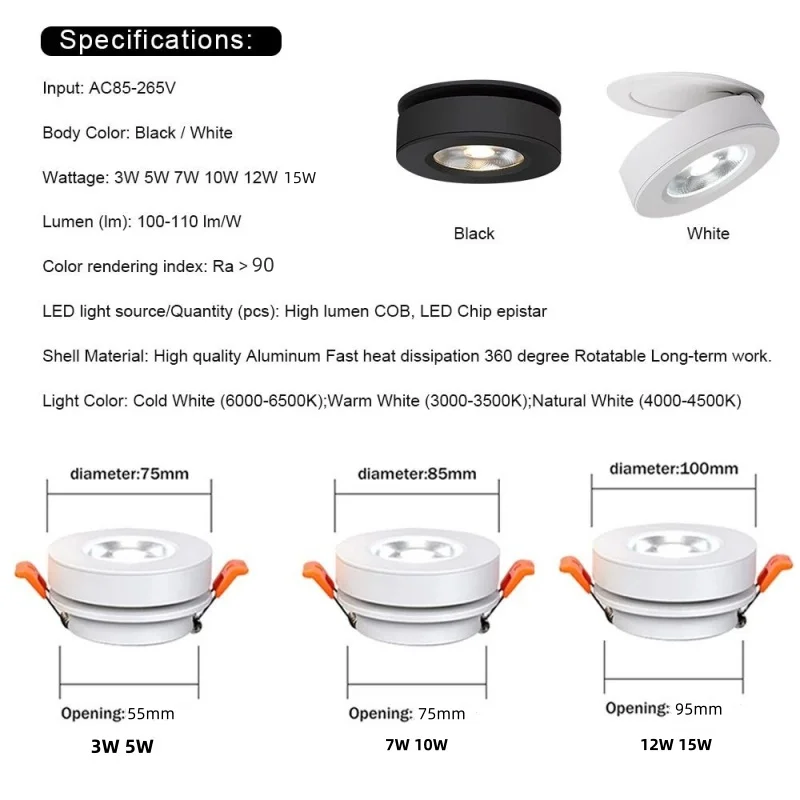 Imagem -05 - Montagem na Superfície Led Cob Teto Downlight Lâmpada Giratória de 360 Graus Construído em Spot Light Downlight Embutido 3w 5w 7w 9w 12w 15w