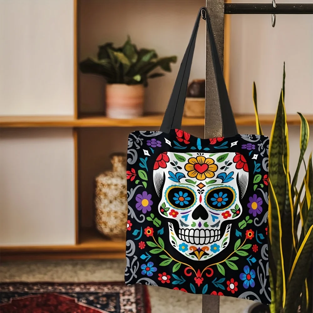 Colorful Flower Sugar Skull Canvas Tote Bag Reusable Shoulder Shopping Bag Mexican Day of Dead Casual Handbag Ladies Gift
