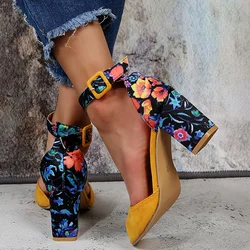 2023 Fashion Women Black Flock Flower Color High Heels Sandals Female Pumps Peep Toe Ankle Strap Platform Shoes 35-43