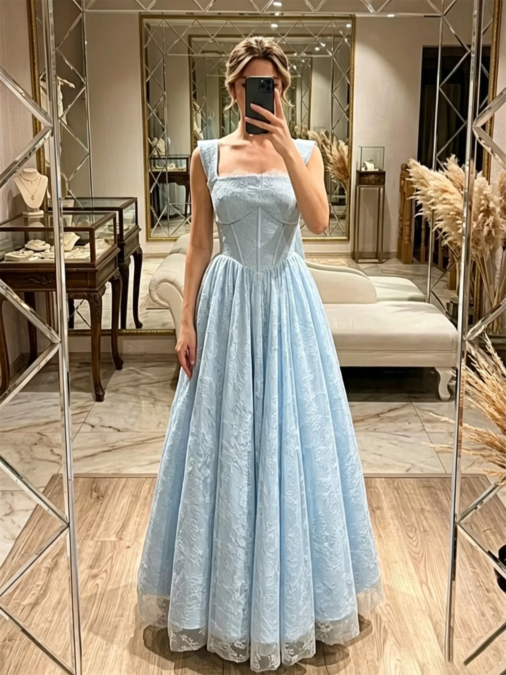 Elegant Sky Blue Satin Prom Gown Strapless Full Lace Sleeveless A Line 2026 Evening Gown Dress Customized فساتين سهرة  Dresses
