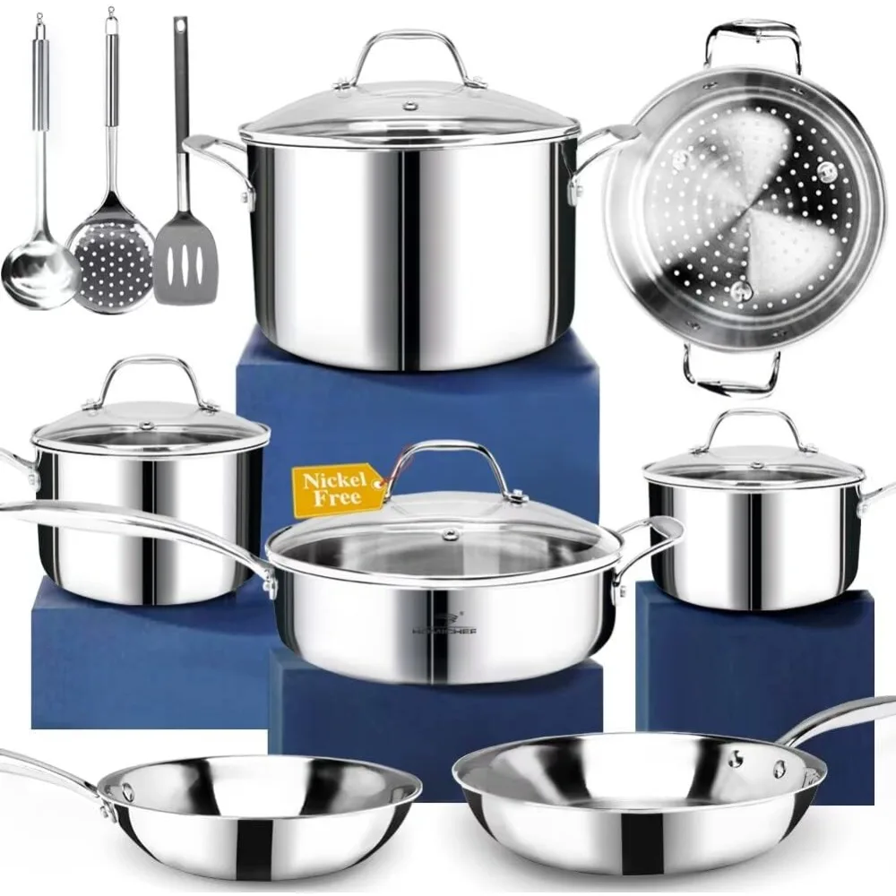 

14-Piece Nickel Free Stainless Steel Cookware Set Whole-Clad 3-Ply - Mirror Polished Pots And Pans Set - Healthy Cookware