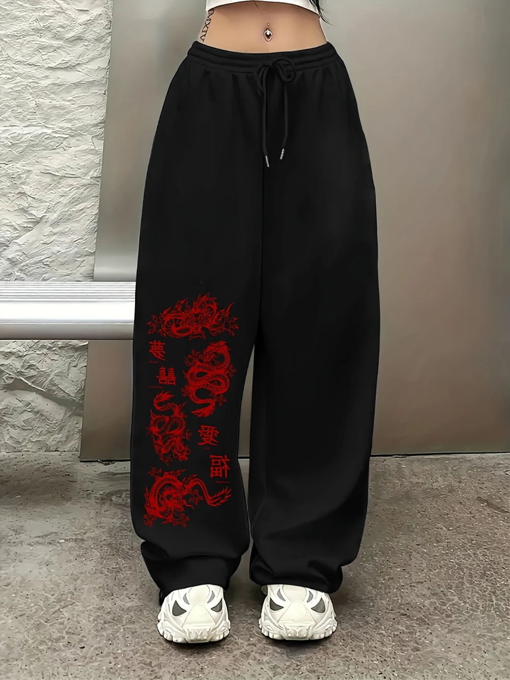 Red Dragon Pattern Print Fashionable and Versatile Drawstring Elastic Waist Design Casual Women'sHip-Hop Pants Autumn/Winter