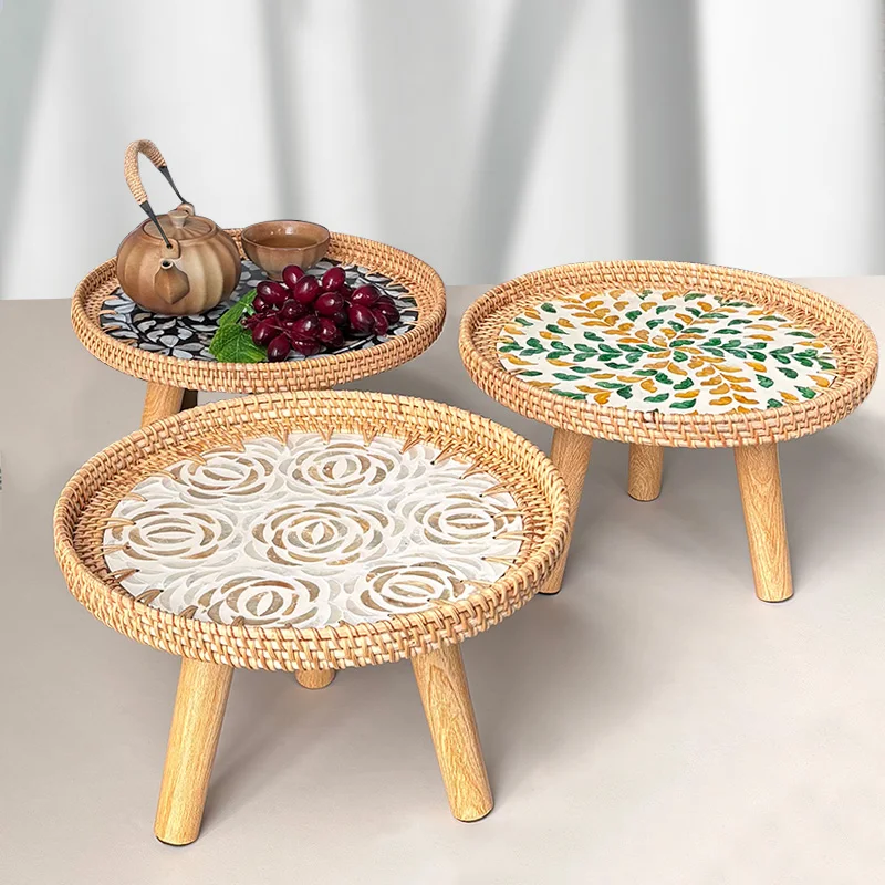 Nordic Handwoven Rattan Coffee Table, Shell-Shaped Tatami Side Table with Wide Edge and Triangular Legs, Detachable Compact