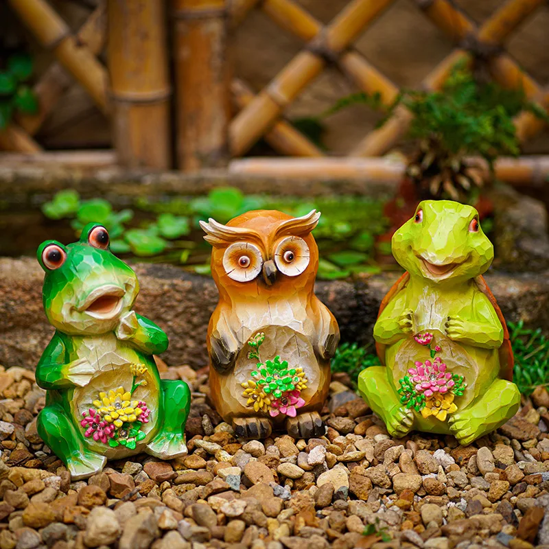 Solar Turtle Frog Owl Statue Garden Light Figurine Outdoor Lawn Decor Statue Waterproof Cute Animal Ornaments Patio Balcony Yard