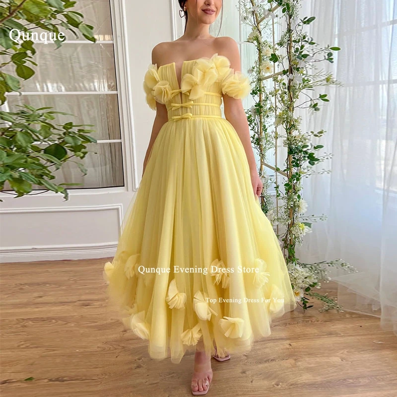 

Qunque A-Line Tulle Abiye Evening Dress Belt With Bow Flowers Party Dresses Tea Length Pleat Fairy Prom Gown Vestidos De Fiesta