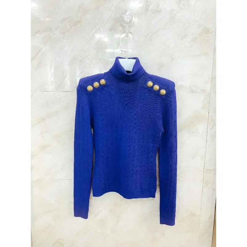 2023 New Autumn Turtleneck Slim Fit Black Blue White Office Lady Golden Button Long Sleeve Sweaters