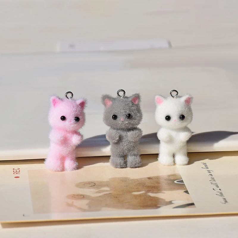 Flocking Animals Cartoon Cats Shape Resin Dolls Beads Pendant Diy Jewelry Earring Garment Keychain Pendant Accessories