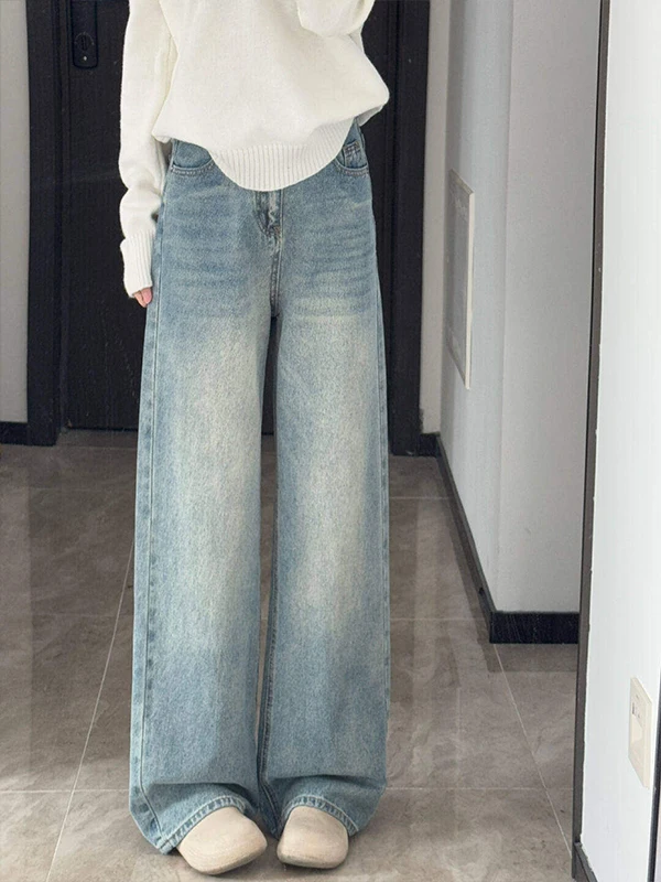 

Light Wash Wide Leg Denim Jeans Women's Summer High Waist Slimming Loose Small Size Drapey Narrow Version Straight Leg Pants