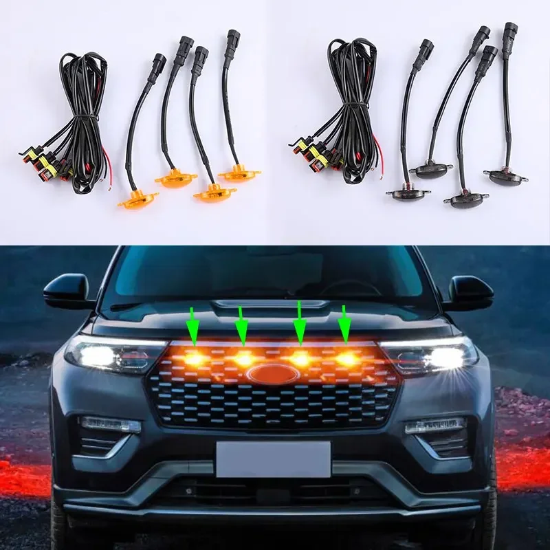 For Ford Explorer 2020 2021 Car Front Grille Amber LED Light Raptor Style Lamp Kit 4Pcs/Set