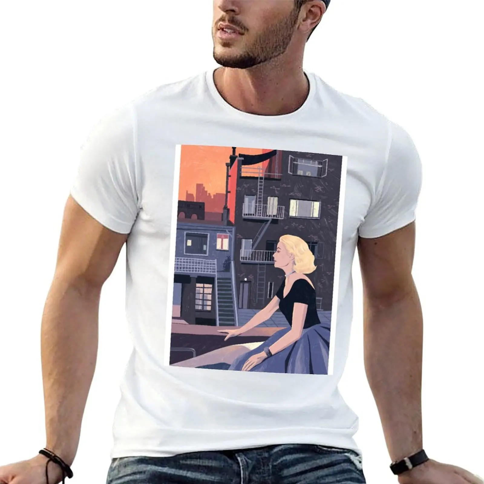 Rear Window - Pencil illustration Hitchcock fan art T-Shirt plus sizes tees Men's cotton t-shirt
