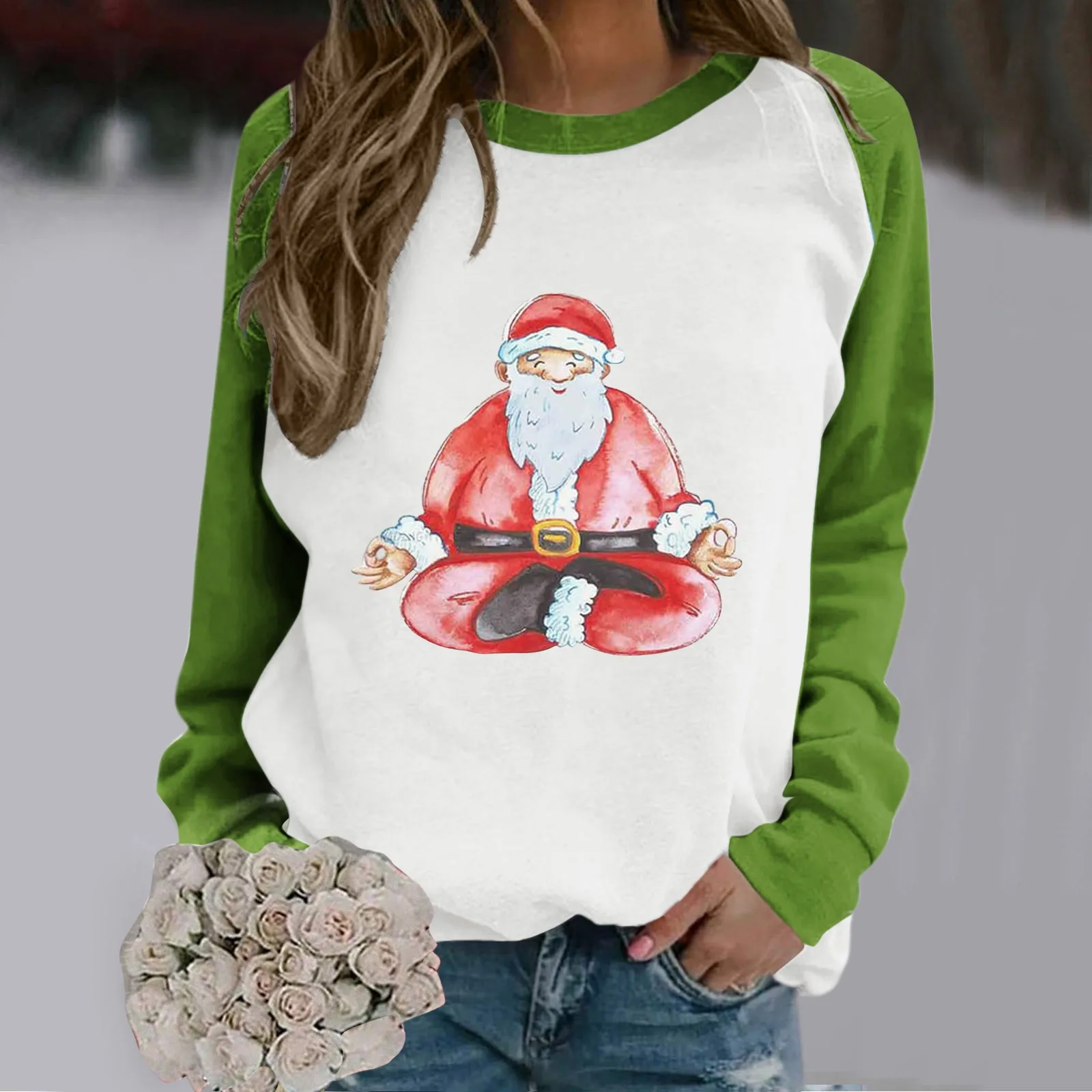 

Women Christmas O-Neck Tops Cotton Raglan Long Sleeve T-Shirts For Women Santa Claus Christmas Pattern Casual Female Clothing