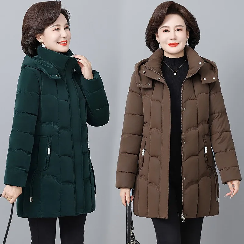 Inverno nuove donne giacche ispessite piumino di cotone Parka trapuntato con cappuccio tasche lunghe cappotto soprabito femminile di mezza età