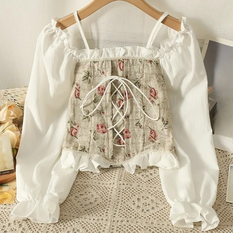 

OCEANLOVE Puff Sleeve Short Blouses Floral Spring Autumn Square Neck Vintage Women Shirts Korean Fashion Sweet Blusas Mujer