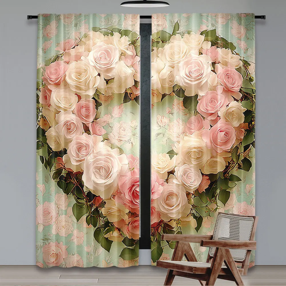 2Pcs Floral Heart Curtain Tenderness Of Romantic Garden Ivy Branches And Roses Valentines Day For Bedroom Living Room And Dining