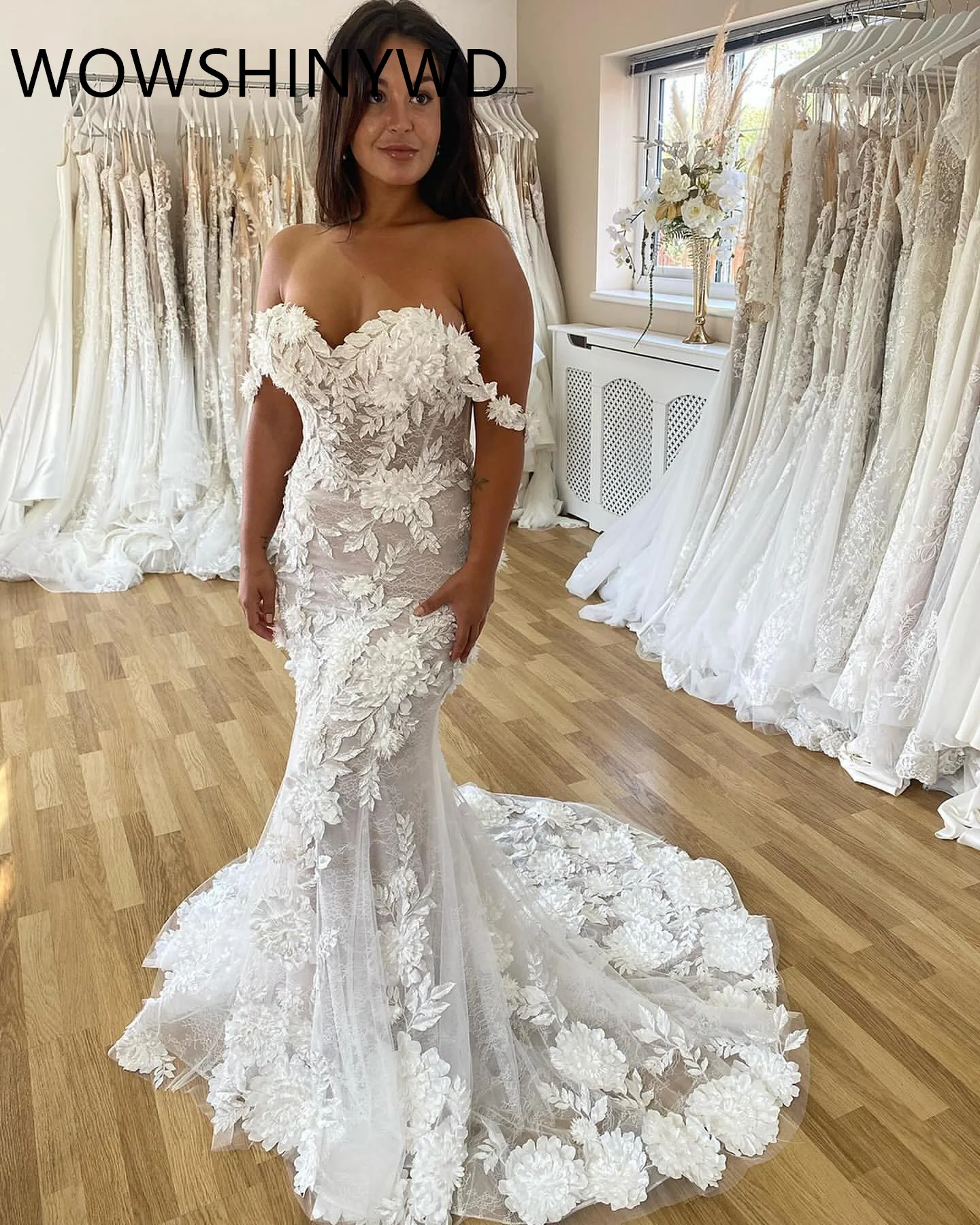 

2024 Plus Size Country Garden Ivory 3D Floral Lace Mermaid Beach Summer Bridal Wedding Dreses Gowns Robe De Mariée ZJ122