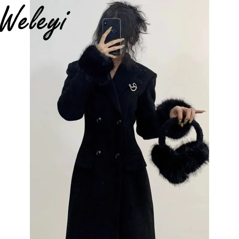 

High-end Warm Black Fluffy Splicing Long Woolen Coat 2024 Winter New Women's Waist Thickened Over-the-knee Wool Jacket for Women