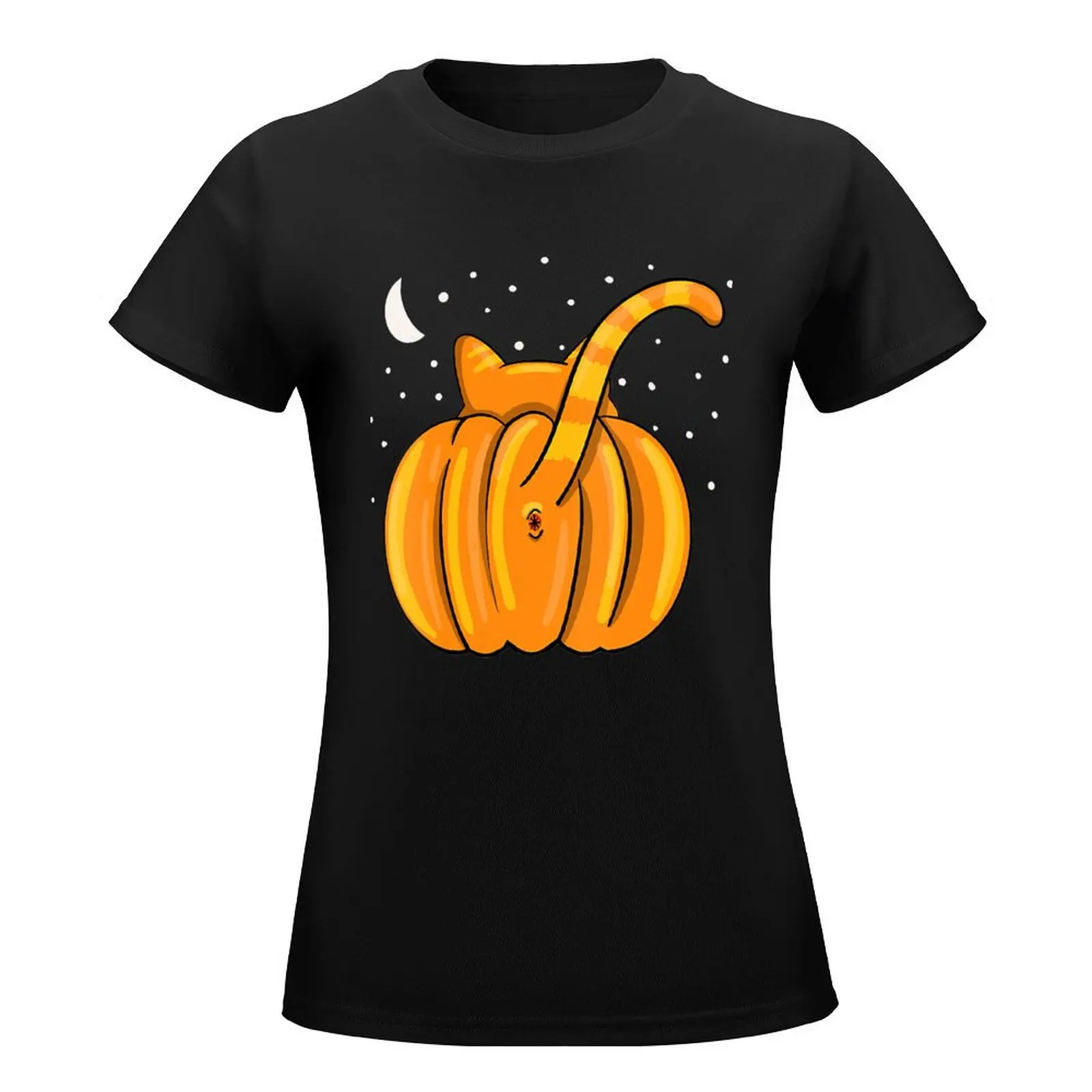 Womens Funny Halloween Cat Butt Pumpkin Orange Tabby T-Shirt cute clothes Blouse Female clothing kawaii clothes Woman T-shirts