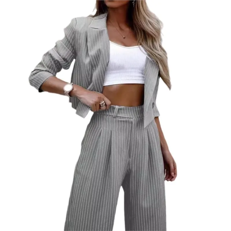 Two Piece Women\'s Short Blazer And Trouser Set Elegant Long Sleeve Notch Collar Striped Work Jacket And Straight Leg Trouser Set