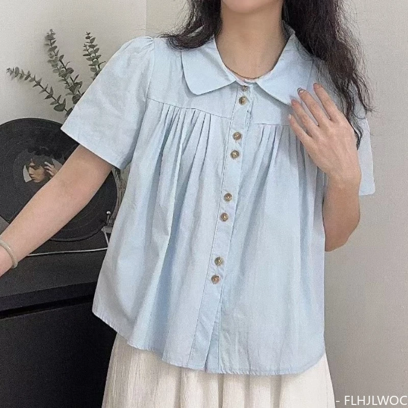 Paars Wit Tops Blusas Vrouw Zomer Schattige Lieve Japanstijl Meisjes Retro Vintage Casual Single-Breasted Knoop Korte Shirts