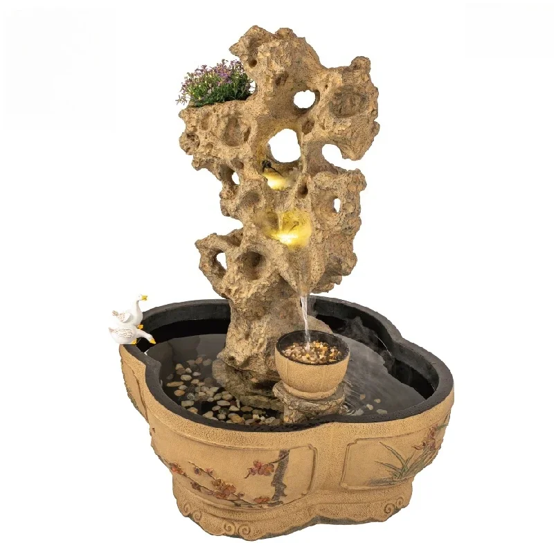 Chinese balcony fish pond landscaping ancient fish tank, outdoor courtyard garden arrangement Taihu stone flowing water ornament