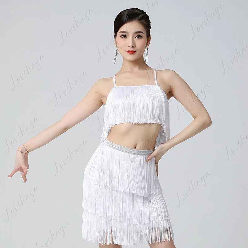 Completo con volant intrecciato, gonna con volant da ballo latino, abito da spettacolo teatrale, abito da spettacolo, abito da pratica, abito da ballo