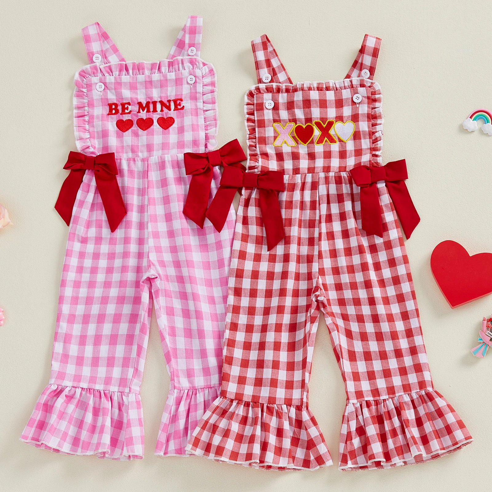 Tregren Toddler Infant Baby Girl Valentine's Day Overalls Letter Heart Embroidery Ruffled Hems Cute Girl Plaid Romper