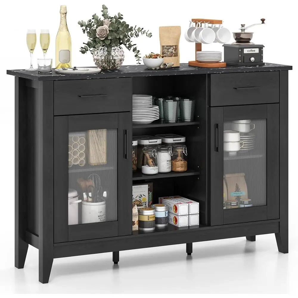 

Black Dual-Door Sideboard Buffet Cabinet with 2 Drawers, Open Shelves, Marble Top for Kitchen, Dining, Living Room or Entryway S