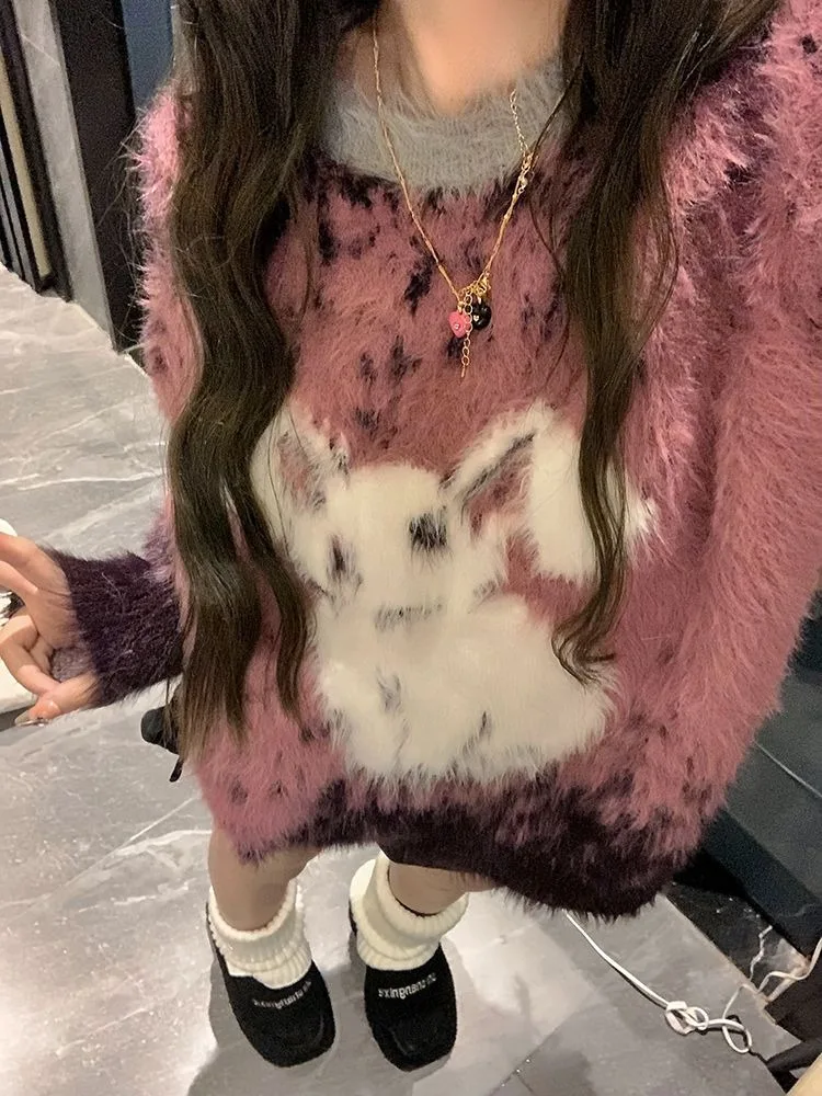 Cute Little Rabbit O-neck Sweater for Women 2024 Fashion New Long Sleeve Tops  Y2k Grunge Loose Lazy Pullover Mujer