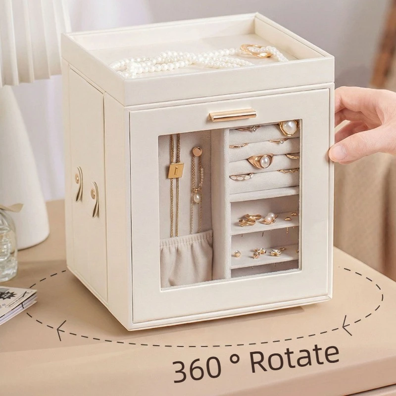 

Rotating Jewelry Box Large Capacity Leather Jewelry Box Luxury Ring Necklace Storage Boxes Earrings Bracelet Organizer Case