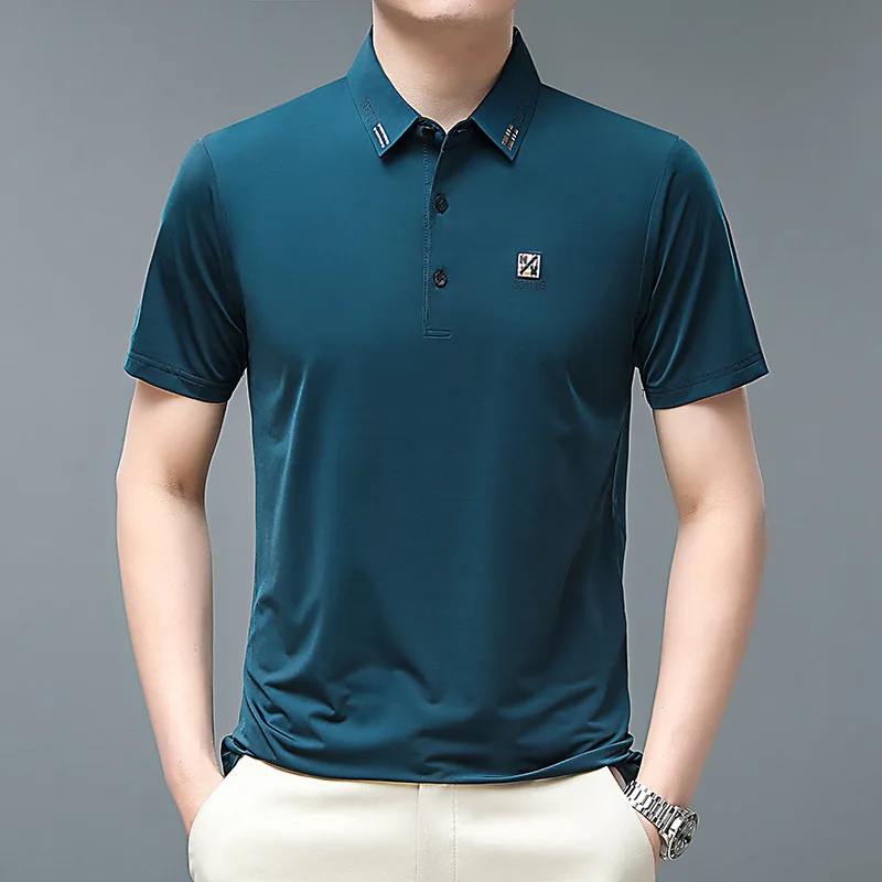 Men's T-shirt Solid Color Short-Sleeved Lapel Polo Shirt Ice Silk Quick-Drying Thin Menswear Summer Bottoming Shirt