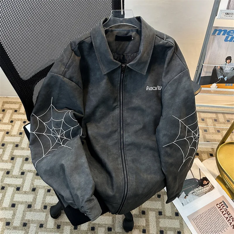 Europe United States high Street Spider Embroidery PU Leather Jacket Men's Wash to do Fashion brand Trend Coat
