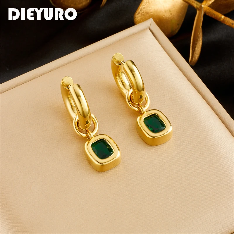 

DIEYURO 316L Stainless Steel Green Crystal Charm Earrings For Women Girl New Trend Ear Buckle Waterproof Jewelry Gift Wedding