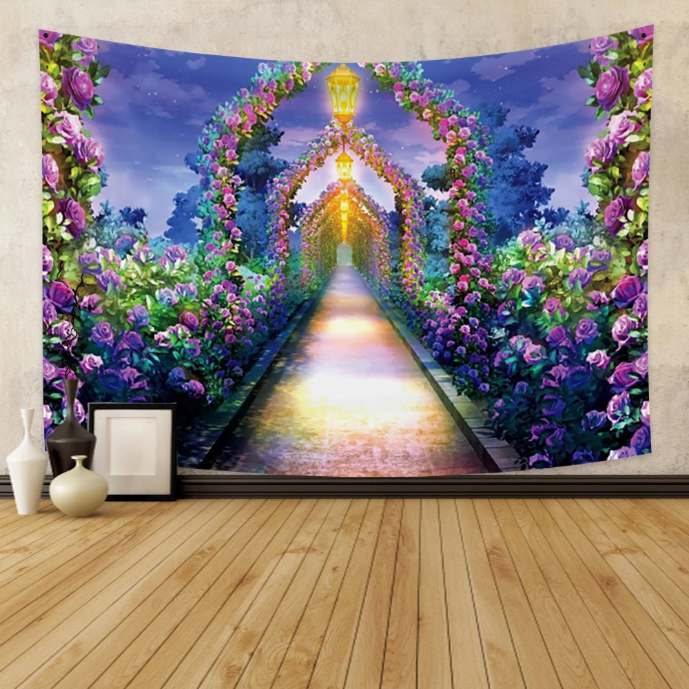 Dreamy Garden Flower Arch Passage Tapestry Wall Hanging Carpet For Bedroom Living Room Dorm Tapestries Art Home Decoration