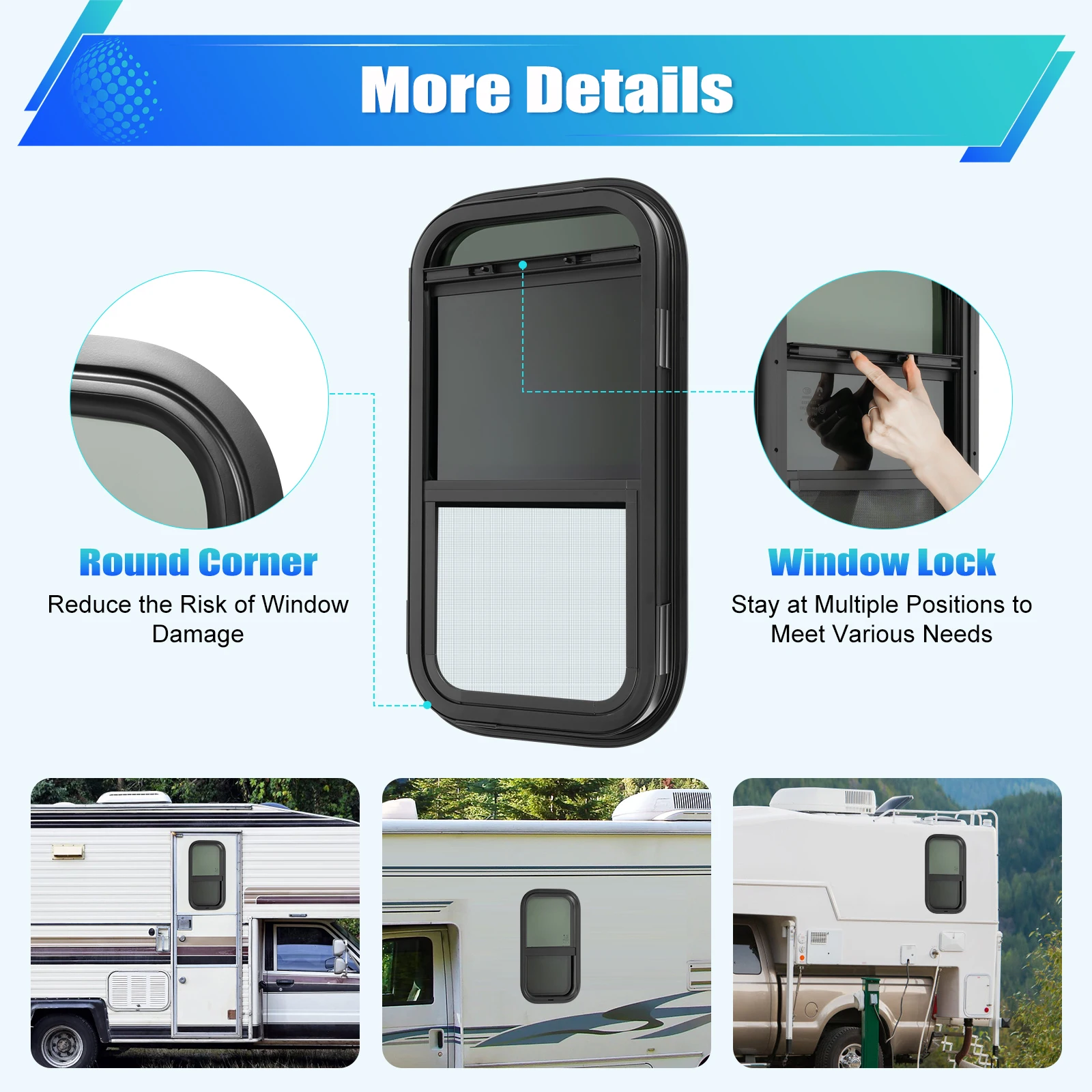 نافذة H RV مقاس 12 بوصة عرض × 22 بوصة، نافذة RV عمودية، نافذة RV منزلقة، استبدال النافذة مع حلقة تثبيت، للمركبات الترفيهية والمقطورات