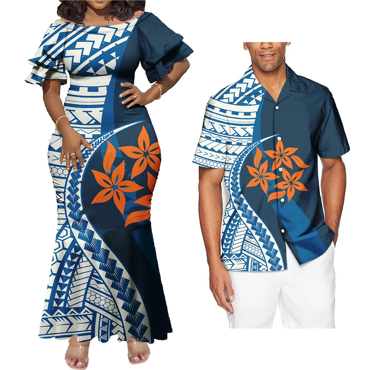 New Arrive Polynesian Print Plus Size Women\'s Dresses Formal Party Casual Dress Match Shirt Men Unique Couple Outfits