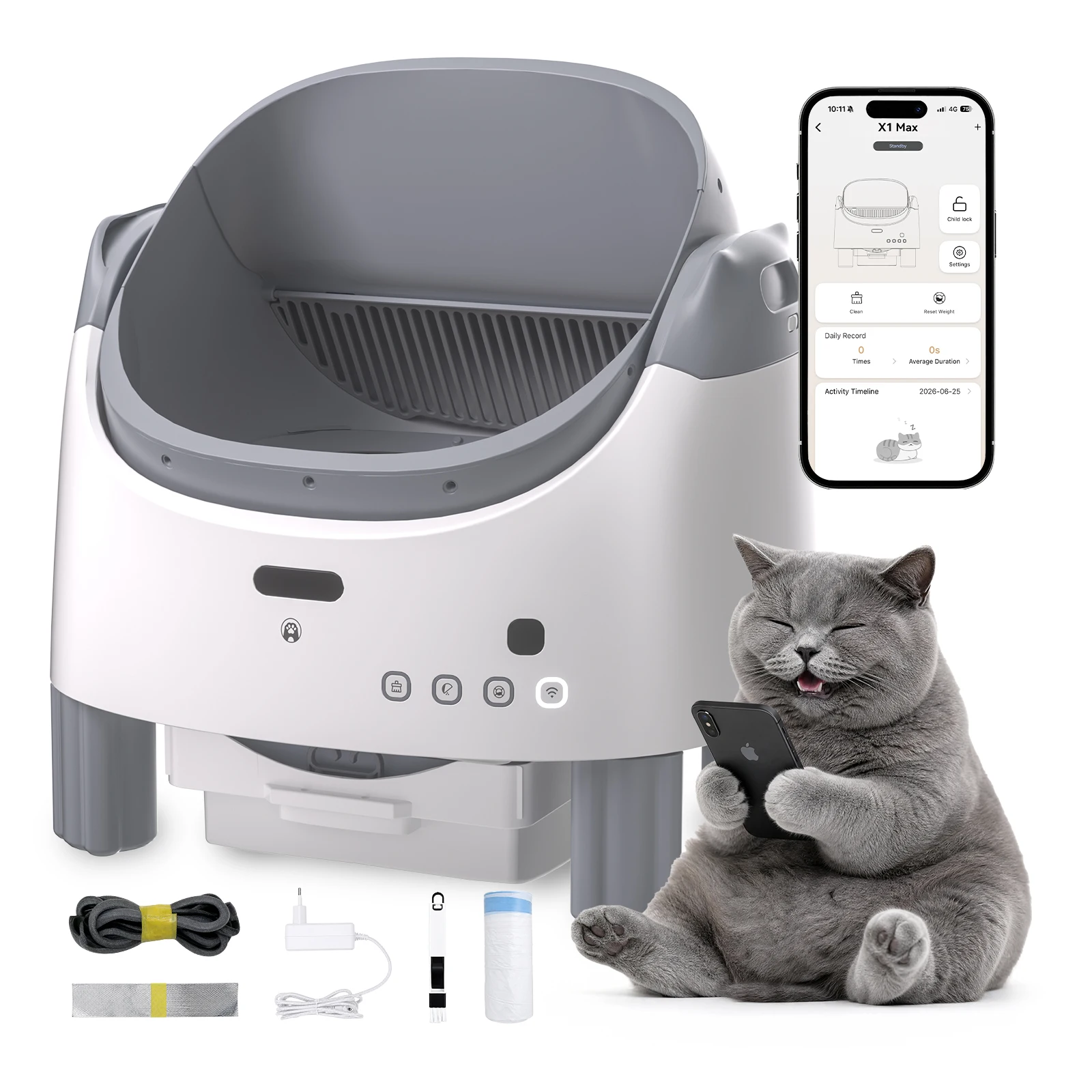 Intelligente Selbstreinigende Katzentoilette 95L Hohe Kapazität Automatische Katzentoilette mit WiFi-Mobil-App-Fernsteuerung und automatischer Reinigung