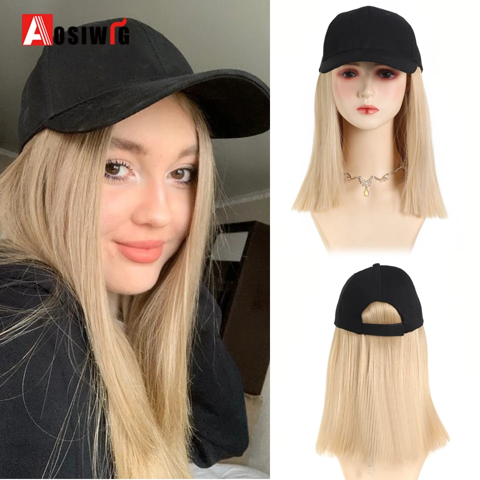 

Synthetic10inch Baseball Wig Long Straight Wig Black Hat Wigs Cap With Hair Naturally Connect Hair Baseball Cap Adjustable