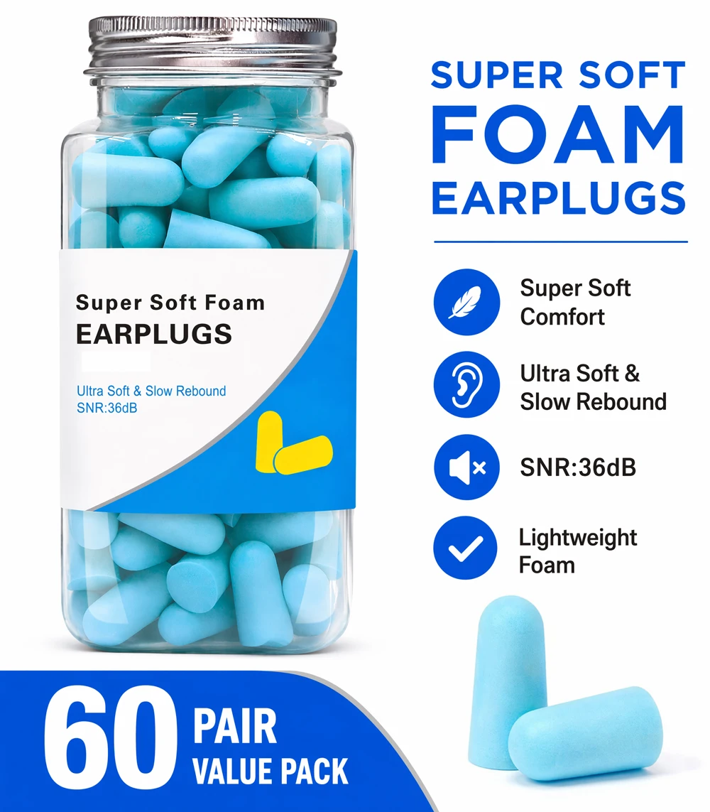 30/60 Pairs Foam Earplugs, 36dB Noise Reduction Ear Plugs, Soft Noise Cancelling Foam Earplugs for Sleeping,Working,Travel,study